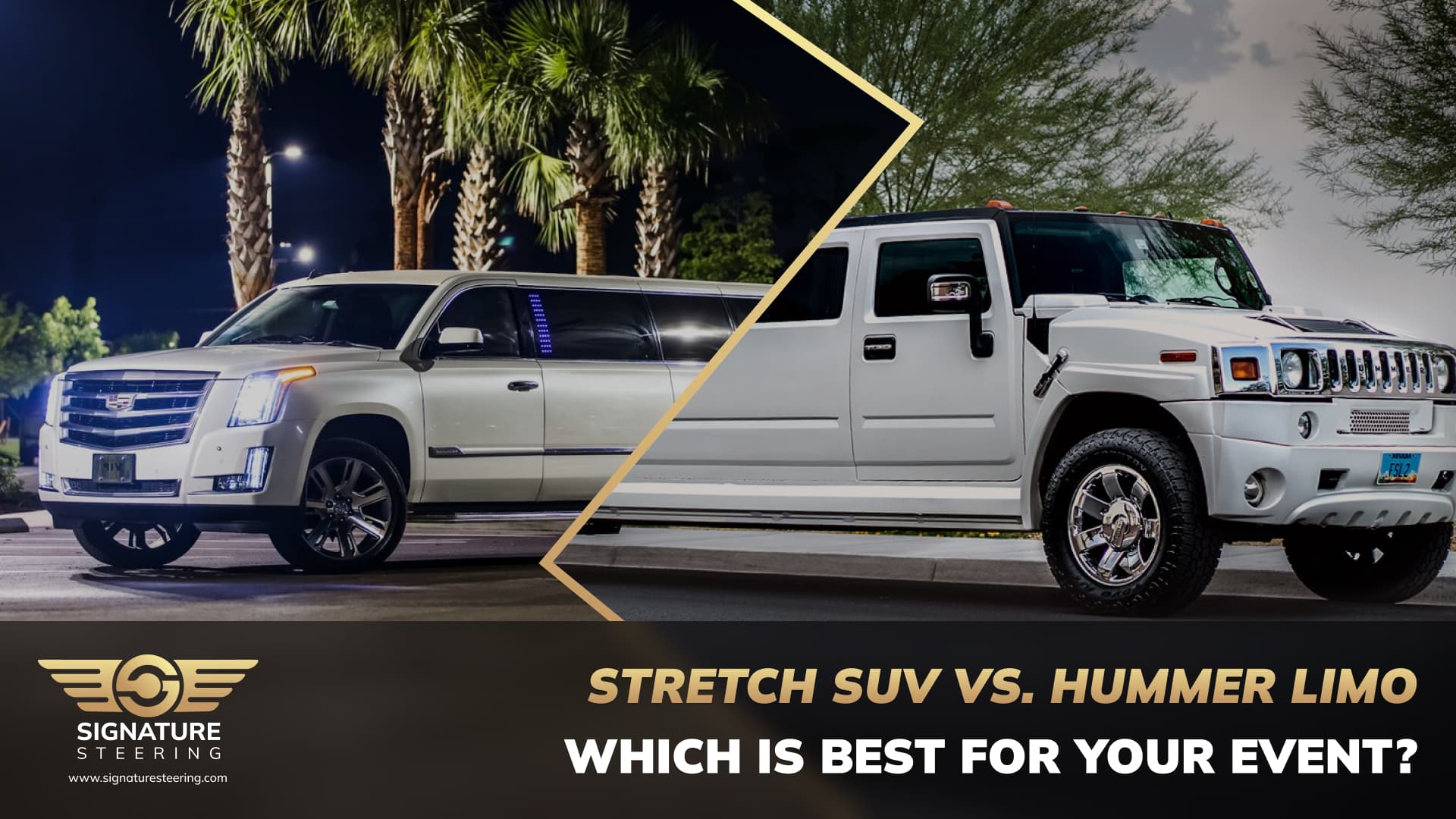 Side-by-side comparison of a Stretch SUV vs Hummer Limo in a scenic UK backdrop