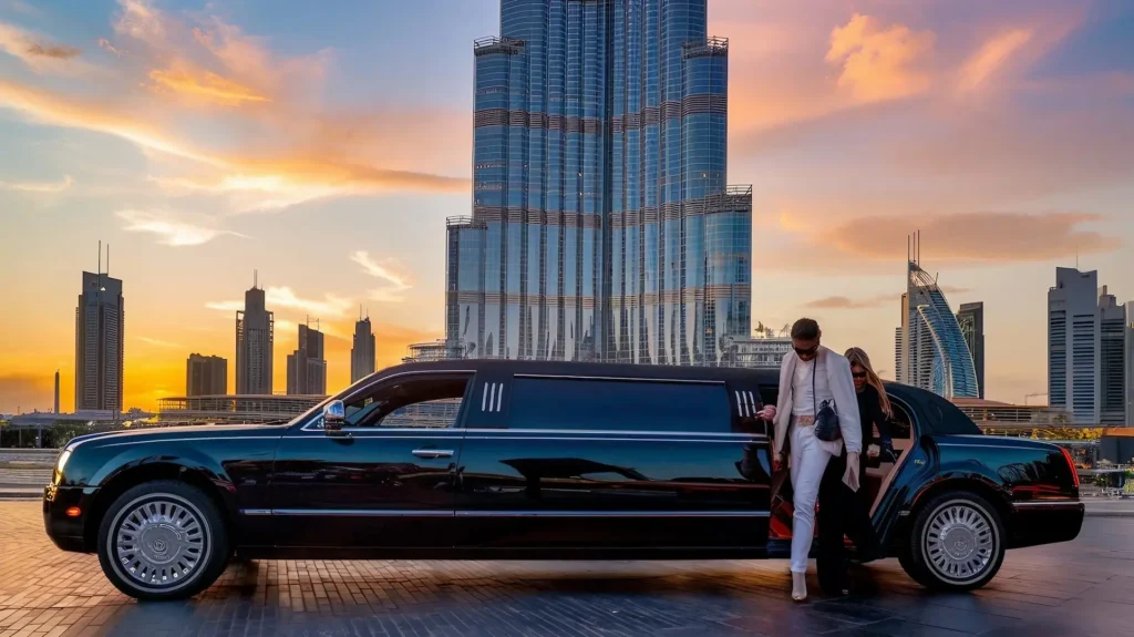 Black stretch limousine in front of Burj Khalifa with tourists.