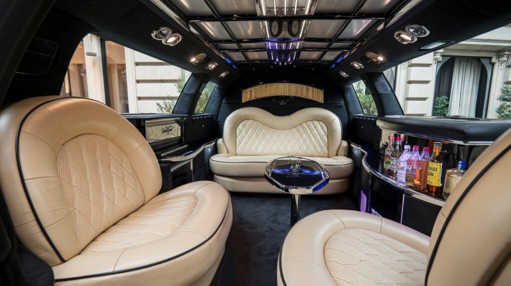 Inside view of a Luxury Limousine Features with leather seats and mini bar.