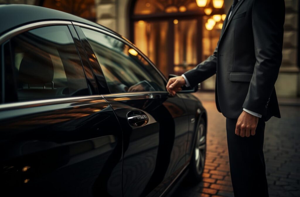 A man hands the door handle of a black car